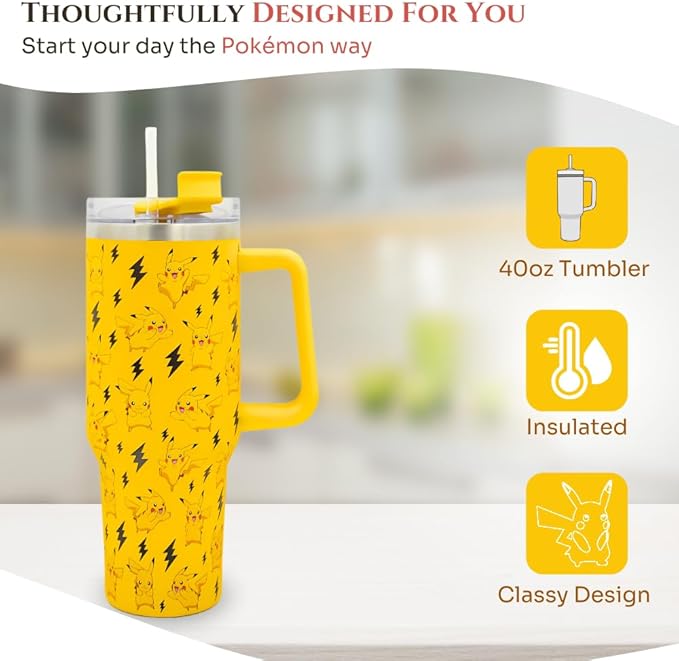 Pokemon Pikachu Insulated Stainless Steel Mug 1200ml with Handle & Straw